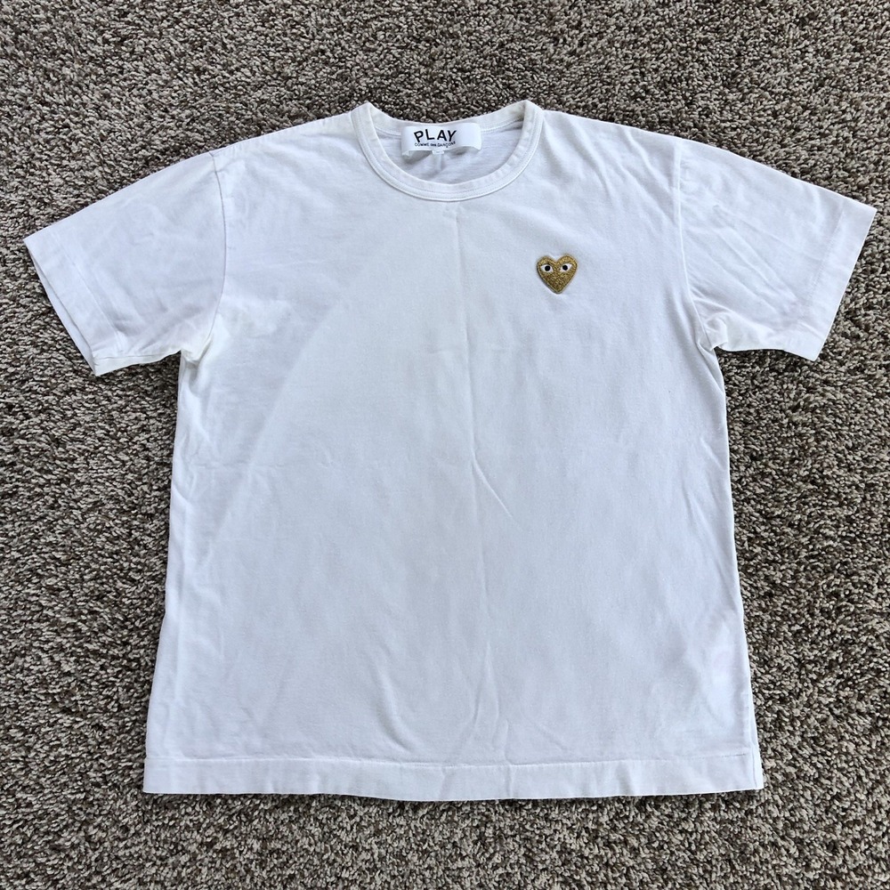Comme des Garcons Play Shirt Size Large White Gold Heart Logo Tee Made In Japan